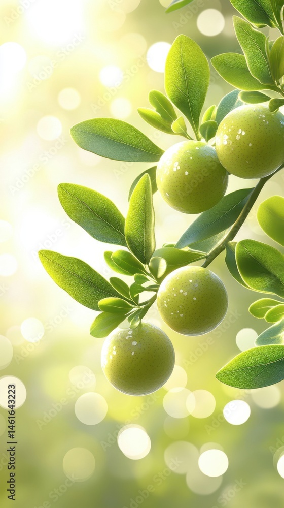 Poster close up of green citrus fruit on branch with leaves in soft light bokeh background nature scene