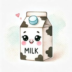 Milk carton with cow face and blue cap. Watercolor food illustration on white background.