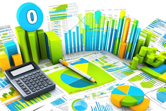 Financial data analysis with various charts and graphs.  Multiple reports, bar charts, pie charts, and a calculator are displayed.  Data visualization tools used for financial review and planning