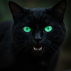 Black cat with glowing green eyes