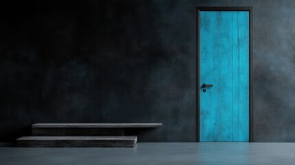 Dark room with teal door and steps