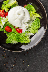 Burrata cheese salad buffalo milk cheese salad dish fresh delicious gourmet food background on the table rustic food top view copy space keto and paleo diet vegetarian