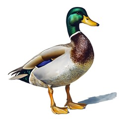 Obraz premium A detailed illustration of a male mallard duck standing on a white background showcasing its vibrant plumage and intricate details.
