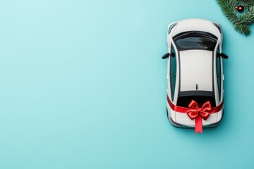White toy car gift, holiday theme.  A white car toy is presented as a gift with a red ribbon bow.  Flat lay on a light teal background.  Christmas themed, with a sprig of pine