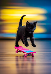 Black kitten skateboarding