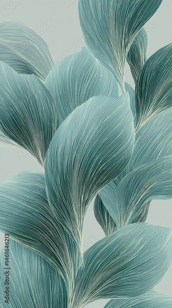 Aufkleber abstract teal leaf-like forms with linear texture create a calming, flowing design, suggesting natur