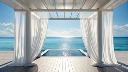 Fototapeta premium A serene view of a coastal space with sheer curtains framing the ocean and sky, creating a tranquil atmosphere.