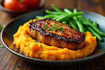 Juicy T-bone, golden sweet potato mash, vibrant green beans , vibrant, cuisine