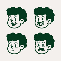Set of 4 vintage cartoon boy face expressions in dark green. Angry, sad, and emotional retro character icons. Perfect for comics, stickers, or expressive branding elements.