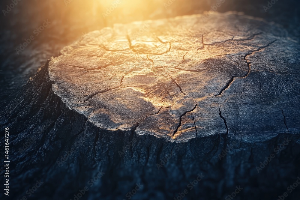 Poster close-up view of a weathered tree stump with illuminated cracks.