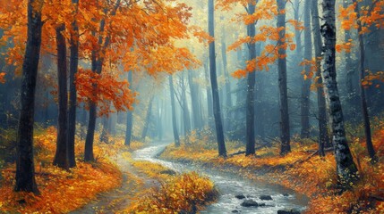 A serene autumn forest with vibrant colors.