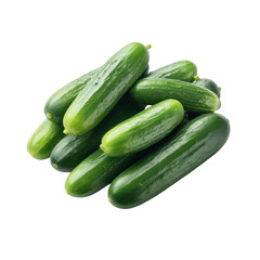 Fresh, green cucumbers arranged in a pile on a white isolated background, showcasing their vibrant color and crisp texture.