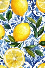 Watercolor Lemons and Leaves on Blue Tile Pattern Seamless Repeat Design Overhead Still Life