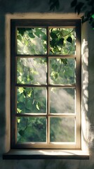 Obraz premium Window frame view of green leaves sunlight