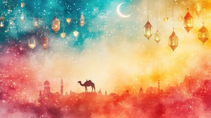 Fototapeta premium Colorful artistic depiction of a camel journey at night.