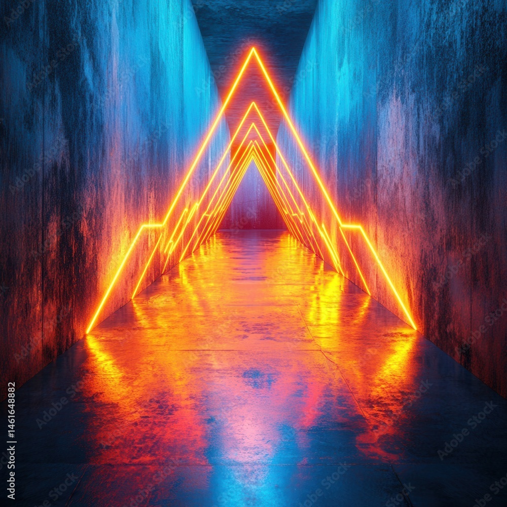 Aufkleber neon illuminated triangle tunnel perspective view in concrete architecture orange and blue color sch