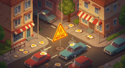 Fried Eggs on Hot Streets – Cartoon City Scene for National Sidewalk Egg Frying Day