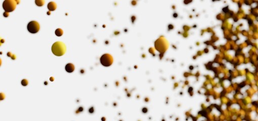 Abstract background with bokeh effect. Gold and yellow spheres floating on white.