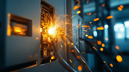 A broken electrical panel sparking and catching fire, flames leaping from the wires, sending bright sparks flying in all directions in a dimly lit room
