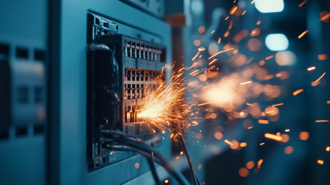 A broken electrical panel sparking and catching fire, flames leaping from the wires, sending bright sparks flying in all directions in a dimly lit room