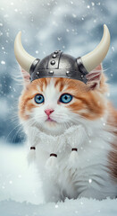 Cute kitten in Viking helmet