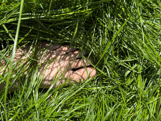 Close-up of a foot nestled in vibrant, sunlit grass.  Perfect for nature, summer, and relaxation themes.