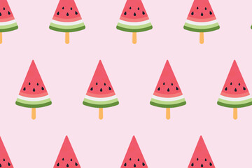 Seamless pattern with watermelon slices on a stick. Watermelon ice cream on a pink background. Vector illustration.