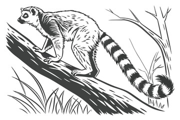 36 black and white illustration, detailed drawing, lemur, ring-tailed lemur, primate, fur texture, long tail, branch, wildlife, Madagascar, scientific illustration, textured paper, high contrast, mono