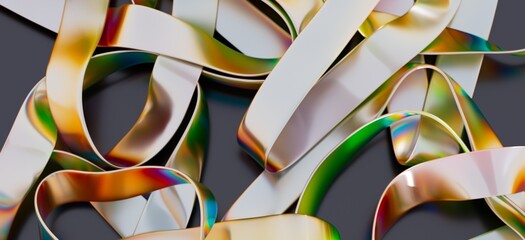 Close-up of colorful, intertwined iridescent ribbons.  Perfect for design, technology, or abstract...