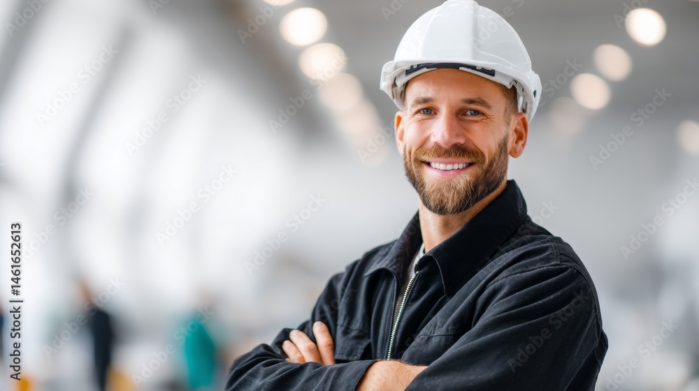 Poster man wearing a hard hat and a black jacket is smiling for the camera. he is posing for a photo in a r