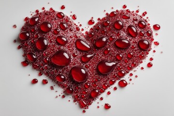 Heart shape created with red droplets on a white surface, showcasing a striking and vivid contrast resembling a symbol of love and passion, highlighting the beauty in simple elements