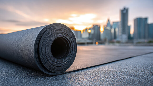 Roll of EPDM rubber roofing material laying on rooftop. Waterproofing membrane in construction industry, modern construction. High-quality, hard-wearing synthetic roof surface. Urban city skyline at