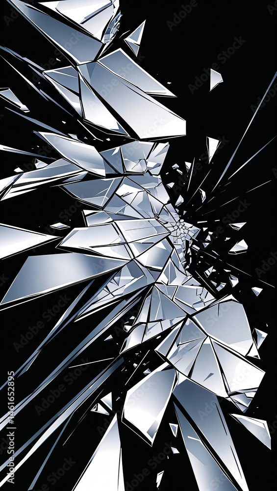 Poster a shattered mirror with sharp fragments against a dark background creating a dynamic visual effect