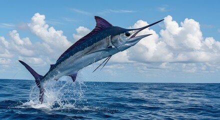 AI image. A powerful blue marlin leaps dramatically out of the deep blue ocean water, splashing, under a partly cloudy sky.