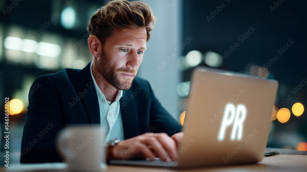 Poster man is typing on a laptop with the letters pr on the screen. he is wearing a suit and tie and he is 