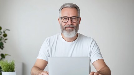 Mature Man Laptop Minimalist Style High-quality Soft Lighting Portrait Close-up View White T-shirt Confident Pose Neutral Background Calm Serene Mood Website Banner Image