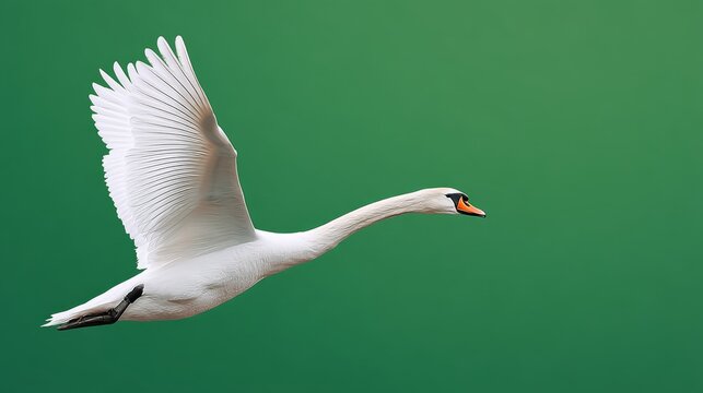 White swan is flying in the air. The bird is in the middle of the sky and has its wings spread out. The sky is green, and the bird is the main focus of the image