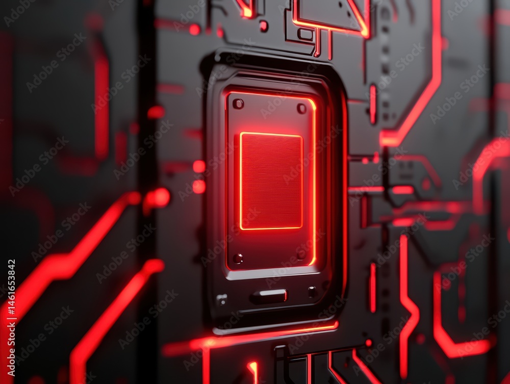 Poster futuristic background with glowing red circuit design and central square element for technology conc