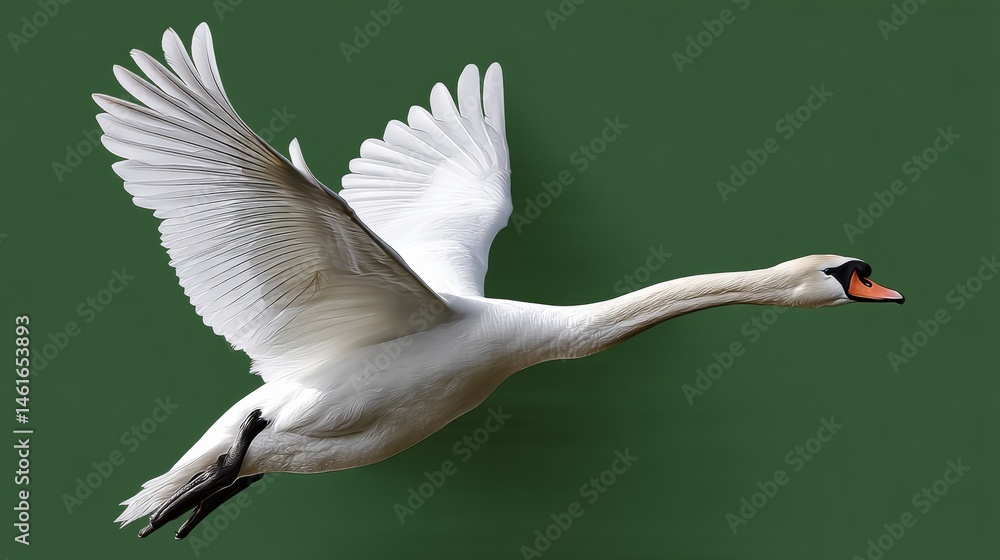 Poster white swan is flying in the air. the bird is in the middle of the image and is the main focus. the b
