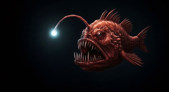 AI image. A highly detailed, menacing red anglerfish with sharp teeth and a bright lure against a dark, abyssal background.