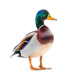 Obraz premium A vibrant male mallard duck stands proudly on a white background showcasing its detailed plumage and striking colors.