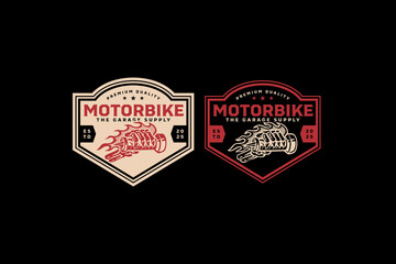 skull hand holding handlebar with fire retro badge logo vector design set for garage, workshop, biker, racer, rider. hand bones holding handle with flame motorbike vintage emblem illustration logo