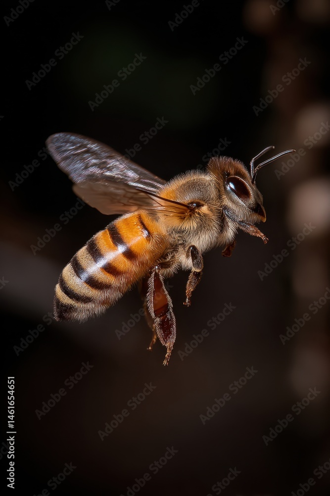 Poster honeybee in flight close up macro shot pollinating insect with wings and legs visible against dark b