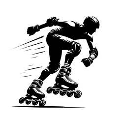 Black and white vector illustration of a male rollerbladder in standard protective gear on a white background.