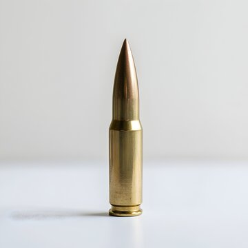 A single golden bullet stands upright on a plain white background showing intricate details of its casing and tip.