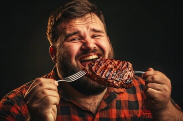 A joyful overweight male eating grilled beef steak with a fork
