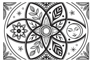 37 Intricate black and white illustration, psychedelic art, complex patterns, organic swirls, abstract shapes, floral motifs, symmetrical design, zentangle style, ornate details, surreal imagery, myst