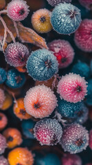 Frost-covered colorful berries in autumn nature  