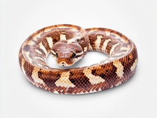 Obraz premium Brown and White Snake Coiled on Light Background Captivating Reptile with Unique Patterns and Sharp Eyes