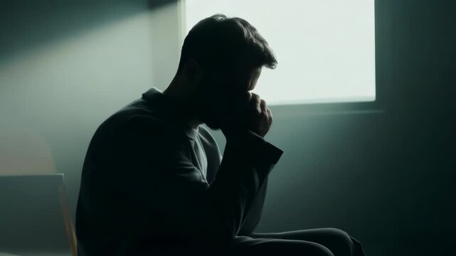 Depressed man sits alone in dim room